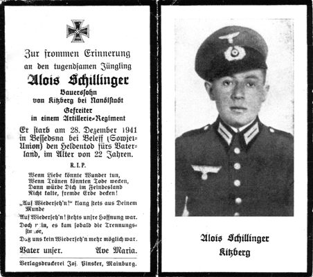 Sterbebildchen Alois Schillinger *1919 †28.12.1941