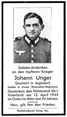 Sterbebildchen Johann Unger *1909 †12.04.1943