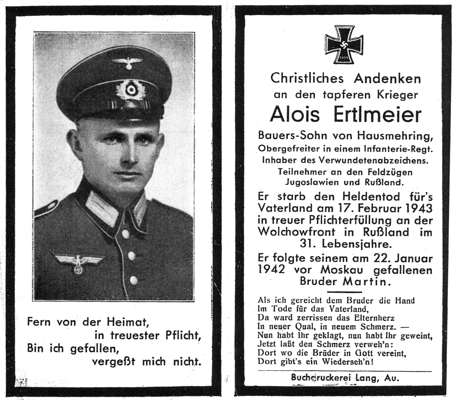 Sterbebildchen Alois Ertlmeier *1912 †17.02.1943