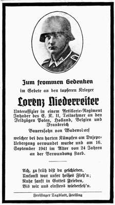 Sterbebildchen Lorenz Niederreiter *1917 †16.09.1941