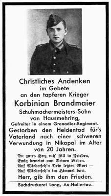 Sterbebildchen Korbinian Brandmaier †mit 20 Jahren