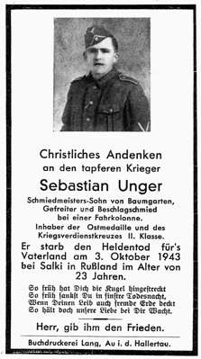 Sterbebildchen Sebastian Unger *1920 †03.10.1943