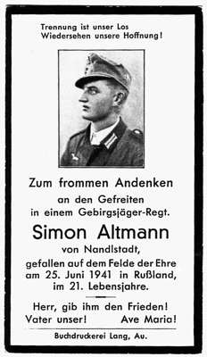 Sterbebildchen Simon Altmann *1920 †25.06.1941