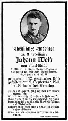 Sterbebildchen Johann Wei� *12.09.1915 †09.09.1941