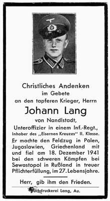Sterbebildchen Johann Lang *1914 †18.12.1941