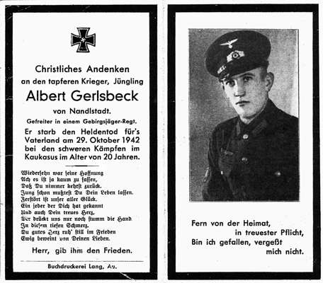 Sterbebildchen Albert Gerlsbeck *1922 †29.09.1942