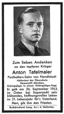 Sterbebildchen Anton Tafelmaier *1922 †26.09.1943