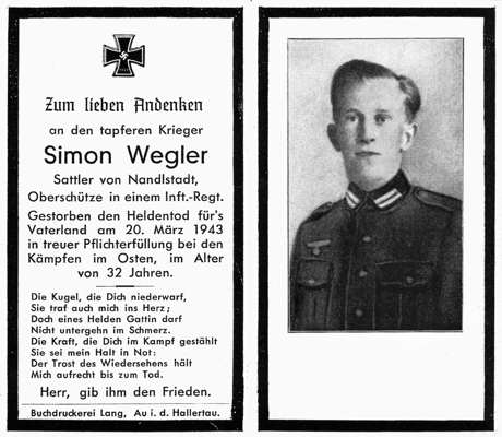 Sterbebildchen Simon Wegler *1911 †20.03.1943