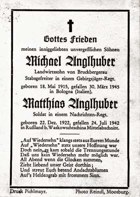 Sterbebildchen Michael & Matthias Anglhuber *1915 †1945 & *1922 †1942