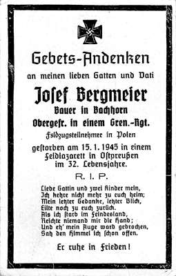 Sterbebildchen Josef Bergmeier *1913 †15.01.1945