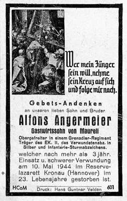 Sterbebildchen Alfons Angermeier *1921 †10.05.1944