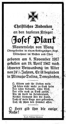 Sterbebildchen Josef Plank *08.11.1917 †19.04.1942