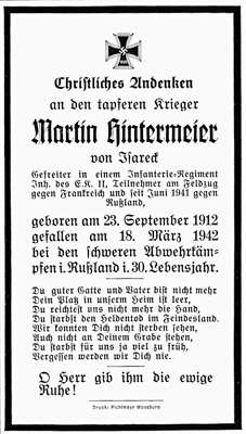 Sterbebildchen Martin Hintermeier *23.09.1912 †18.03.1942