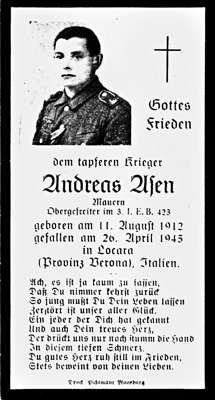 Sterbebildchen Andreas Asen *11.08.1912 †26.04.1945