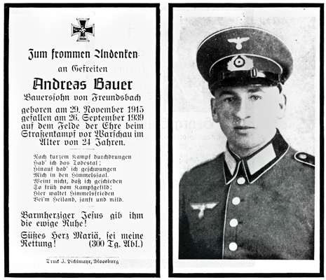 Sterbebildchen Andreas Bauer *29.11.1915 †26.09.1939