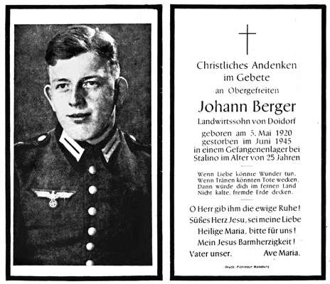 Sterbebildchen Johann Berger *05.05.1920 †Juni 1945
