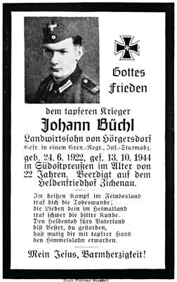 Sterbebildchen Johann B�chl *24.06.1922 †13.10.1944