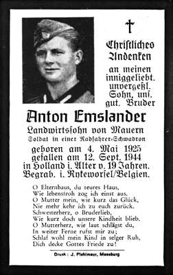 Sterbebildchen Anton Emslander *04.05.1925 †12.09.1944