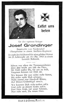 Sterbebildchen Josef Grandinger *1920 †14.10.1943