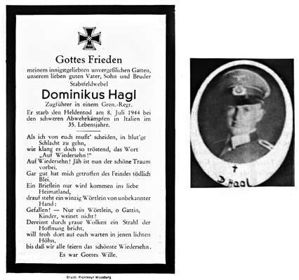 Sterbebildchen Dominikus Hagl *1909 †08.07.1944