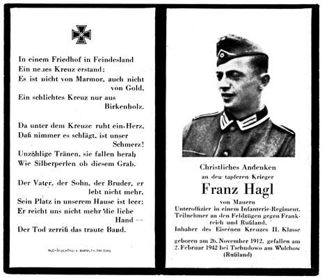 Sterbebildchen Franz Hagl *26.11.1912 †02.02.1942