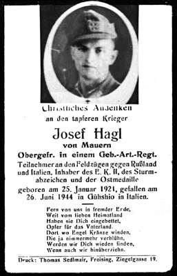Sterbebildchen Josef Hagl *25.01.1921 †26.06.1944