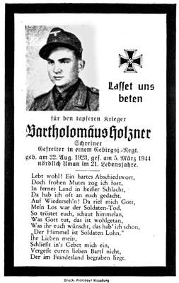 Sterbebildchen Bartholom�us Holzner *22.08.1923 †05.03.1944