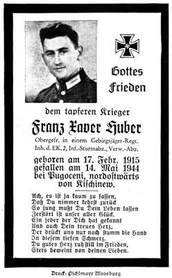 Sterbebildchen Franz Xaver Huber *17.02.1915 †14.05.1944