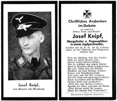 Sterbebildchen Josef Knipf *1920 †12.02.1943