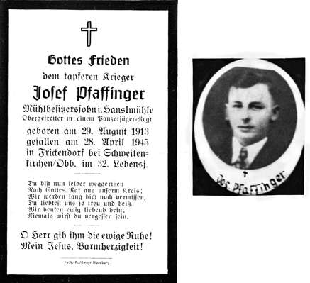 Sterbebildchen Josef Pfaffinger *29.08.1913 †28.04.1945