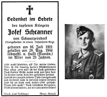 Sterbebildchen Josef Schranner *16.07.1921 †28.08.1944