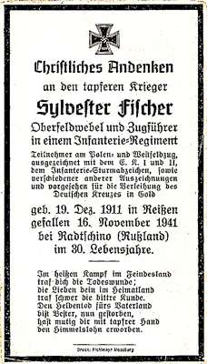 Sterbebildchen Sylvester Fischer *19.12.1911 †16.11.1941