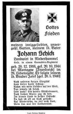 Sterbebildchen Johann Schick *20.12.1916 †20.10.1944