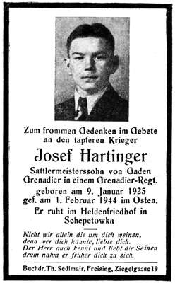 Sterbebildchen Josef Hartinger *09.01.1925 †01.02.1944