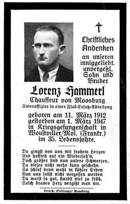 Sterbebildchen Lorenz Hammerl *11.03.1912 †01.03.1947