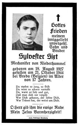 Sterbebildchen Sylvester Sixt *18.08.1927 †21.10.1944