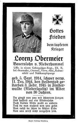 Sterbebildchen Lorenz Obermeier *05.09.1914 †03.02.1945