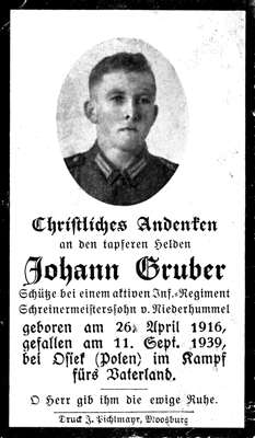 Sterbebildchen Johann Gruber *26.04.1916 †11.09.1939