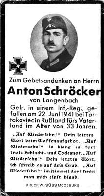 Sterbebildchen Anton Schr�cker *1908 †22.06.1941