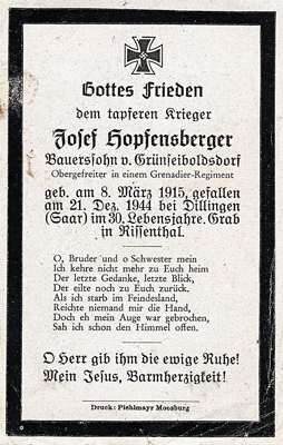 Sterbebildchen Josef Hopfensberger *08.03.1915 †21.12.1944