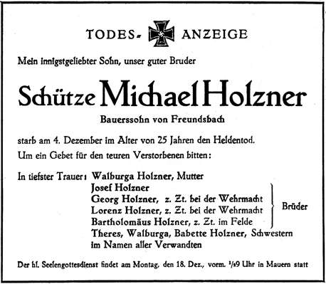 Todesanzeige Michael Holzner *25.01.1914 †04.12.1939