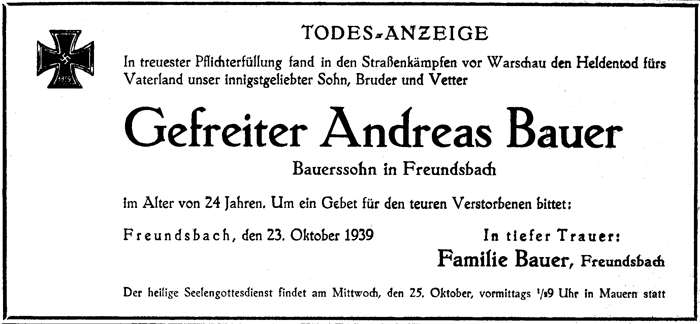 Todesanzeige Andreas Bauer *29.11.1915 †26.09.1939