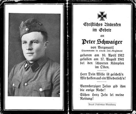 Sterbebildchen Peter Schweiger *10.04.1912 †17.08.1941