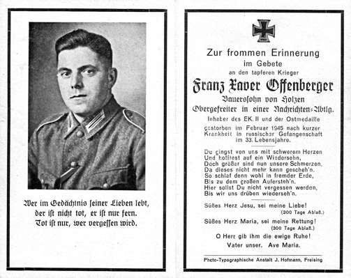 Sterbebildchen Franz Xaver Offenberger *1912 †02.1945