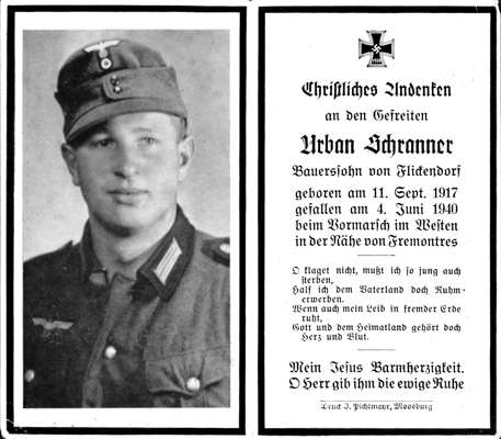 Sterbebildchen Urban Schranner&nbsp; *11.09.1917 †04.06.1940