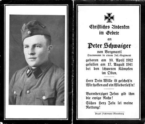 Sterbebildchen Peter Schwaiger&nbsp; *10.04.1912 †17.08.1941