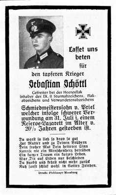 Sterbebildchen Sebastian Sch�ttl  †31.07. mit 20� Jahren