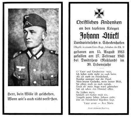 Sterbebildchen Johann St�rkl *15.08.1913 †27.02.1943