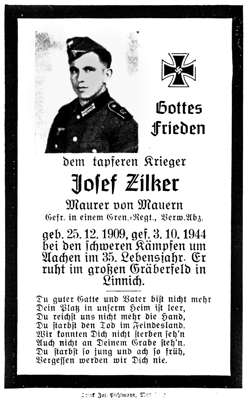 Sterbebildchen Josef Zilker *25.12.1909 †03.10.1944