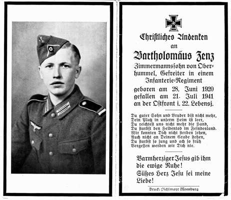 Sterbebildchen Bartholom�us Zenz *28.06.1920 †21.07.1941